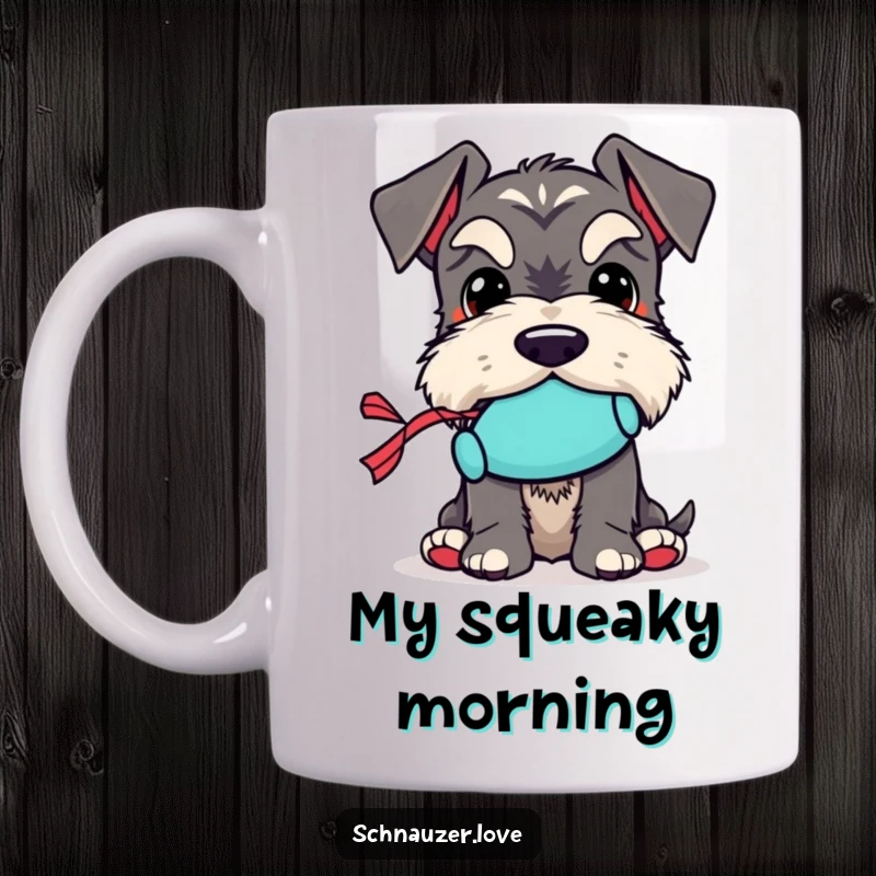 Funny Schnauzer Mug: A schnauzer character proudly holding a small squeaky toy in its mouth, radiating happiness.