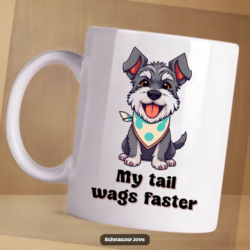 Funny Schnauzer Mug: A happy schnauzer wearing a bandana, panting joyfully with its tail wagging, ready to brighten your day.