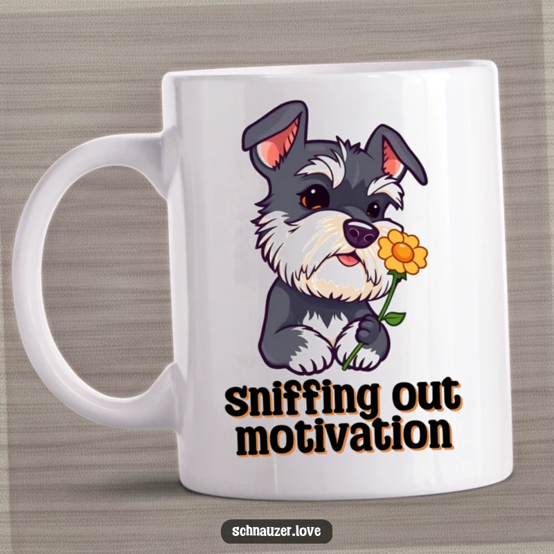 Funny schnauzer mug with head tilted curiously sniffing a flower icon, an adorable and inquisitive dog, great gift.