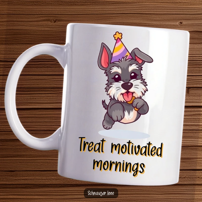 Funny Schnauzer mug showing a dog in a party hat leaping for a treat, tongue out, full of playful energy.