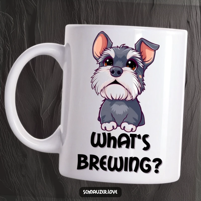 Funny schnauzer mug, a fluffy dog with enormous, wide eyes, looking upwards with an expression of pure, adorable curiosity.