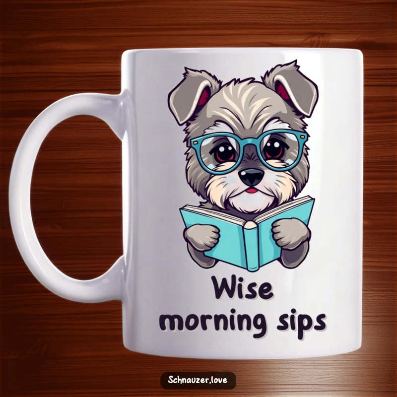 Funny schnauzer mug, a fluffy dog wearing tiny reading glasses, intently focused on a small book, exuding studious charm.