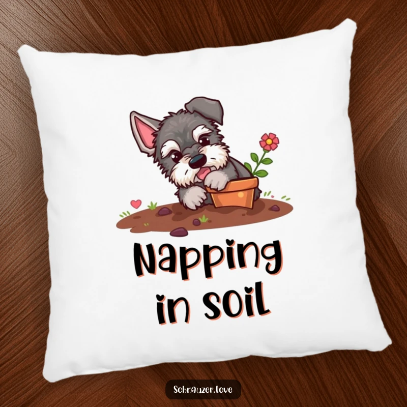 Funny schnauzer pillow, a plush cushion adorned with a fluffy dog playfully digging in a small flower pot, dirt scattered humorously.