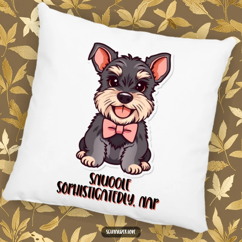 Funny Schnauzer Pillow featuring a smiling dog wearing a miniature bowtie, offering both comfort and a humorous visual.