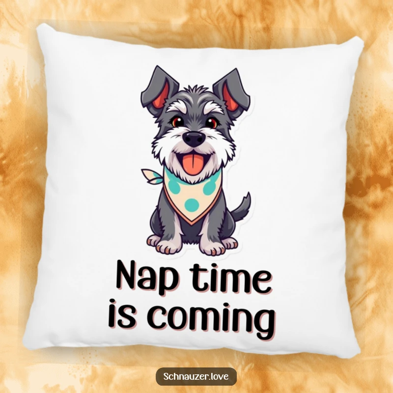 Funny Schnauzer Pillow: A happy, bandana-wearing schnauzer captured mid-pant with a wagging tail, offering comfy, humorous charm.