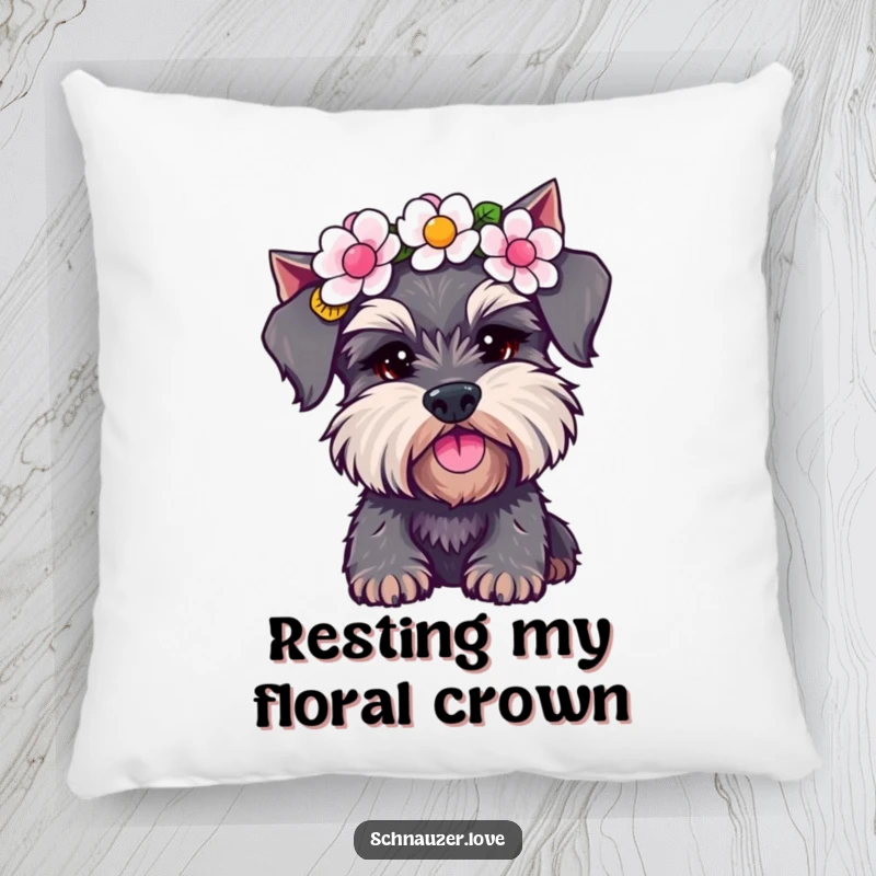 Funny Schnauzer Pillow: A cute dog in a flower crown, shaking its head playfully. Soft, humorous decor and a delightful funny gift.