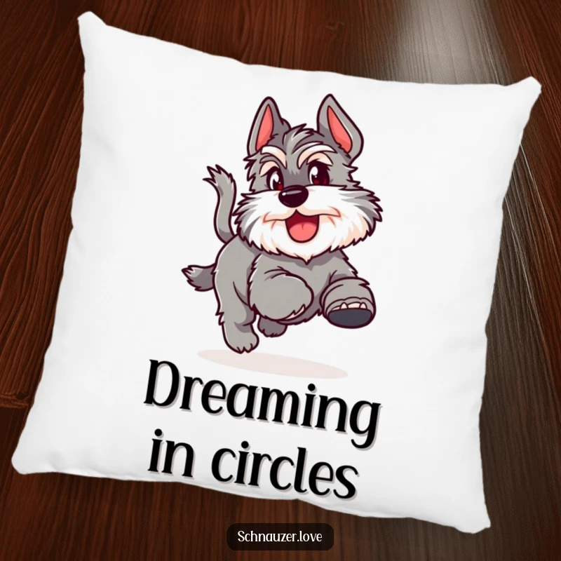 Funny Pillow featuring a fluffy schnauzer joyfully chasing its tail, making it a cozy and charming accent.