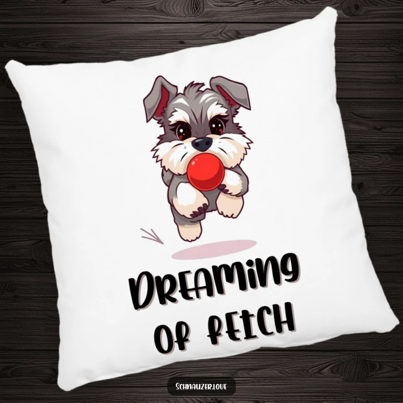 Funny Schnauzer Pillow designed with a fluffy schnauzer energetically chasing a red ball, offering comfort and playfulness.