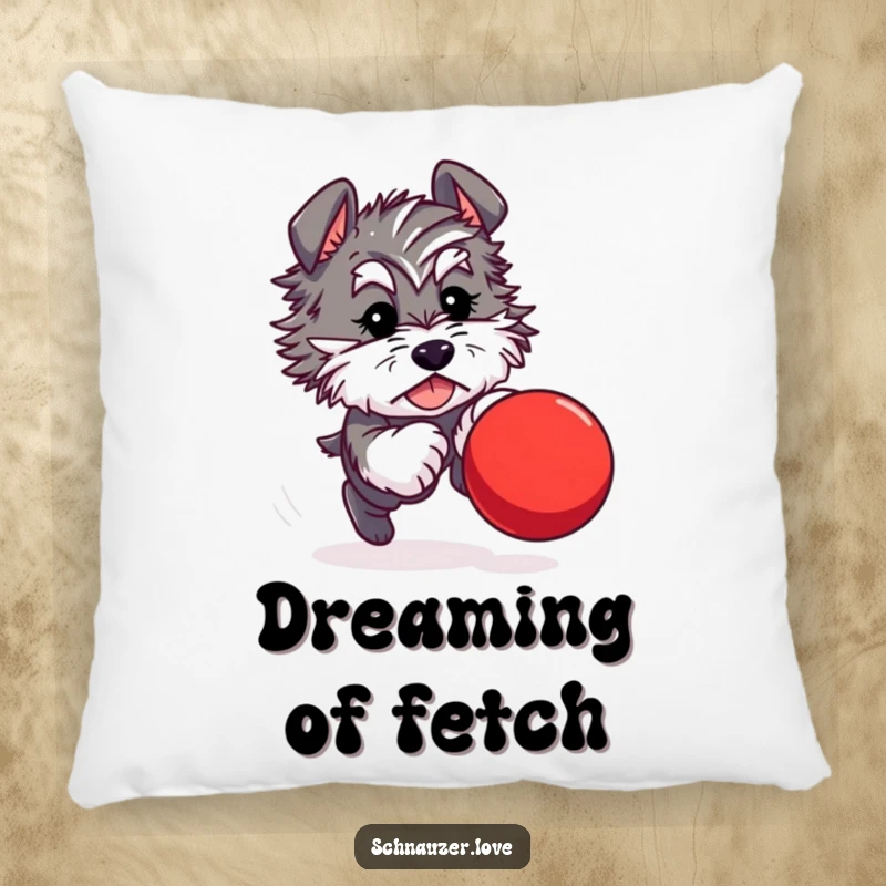 Funny pillow design of a fluffy schnauzer character joyfully chasing a bouncing red ball, a symbol of happy playtime.