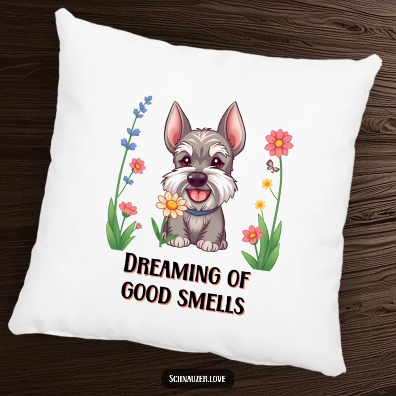 Funny Schnauzer pillow showing a happy dog sniffing a flower, offering comfort and a humorous touch to any room.