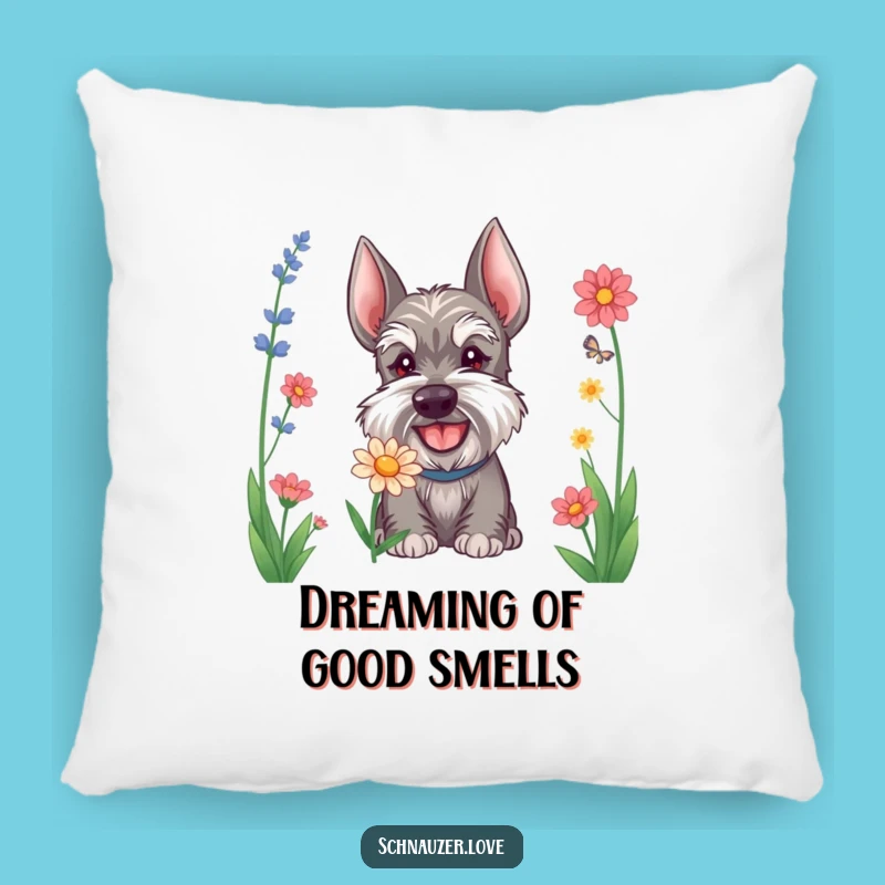 Cute Funny Schnauzer Flower Sniffing Pillow: Snuggle Up with This Hilarious Dog's Joyful Pose