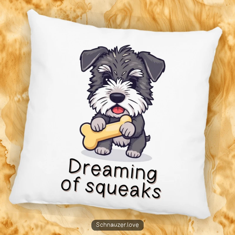 Funny Schnauzer Pillow: A fluffy schnauzer holding a bone toy, radiating a funny, happy, fetch-obsessed vibe.