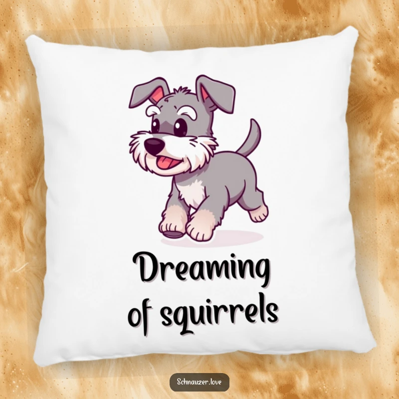 Funny Schnauzer Pillow featuring a happy dog with a wagging tail, running with dynamic motion, adding energy to any room.