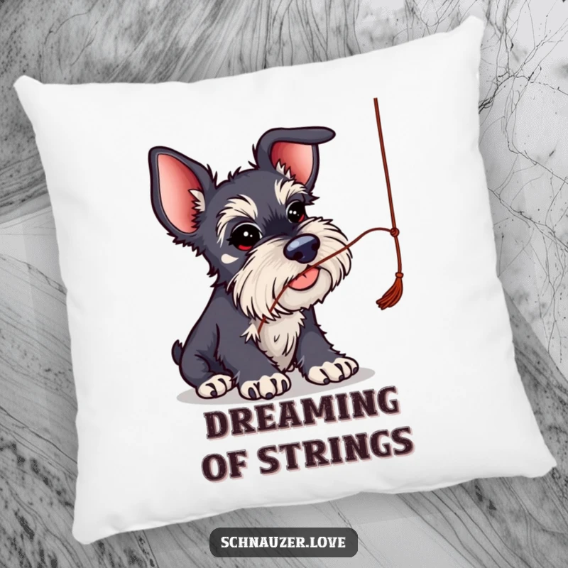 Funny Schnauzer Pillow: Schnauzer with big ears batting at a string, humorously cute and comfortable.