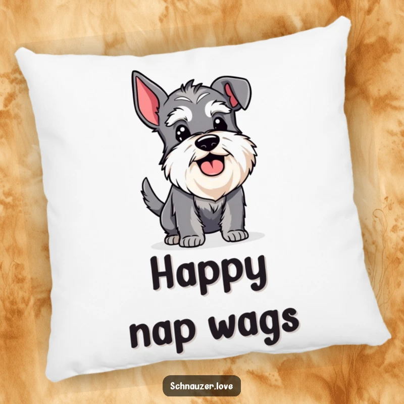 Funny Schnauzer Pillow: Bearded schnauzer panting with joy and a furiously wagging tail, soft and humorous.