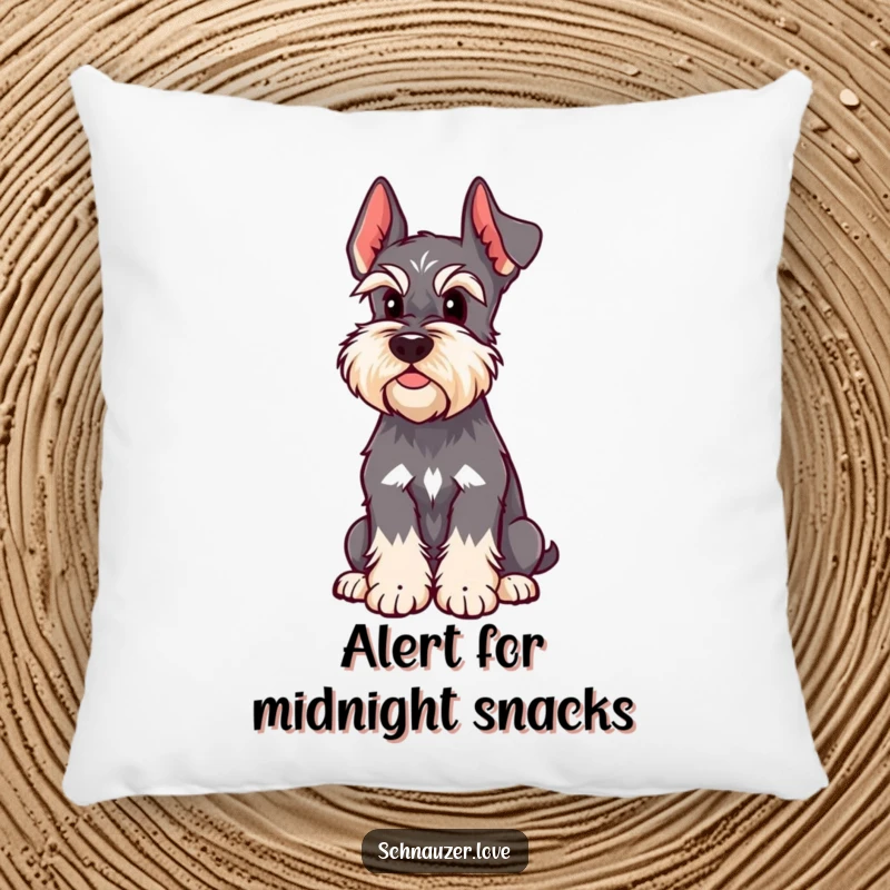 Funny Schnauzer Pillow displays a dog with one ear perked, listening intently, providing humorous and cozy comfort for any space.