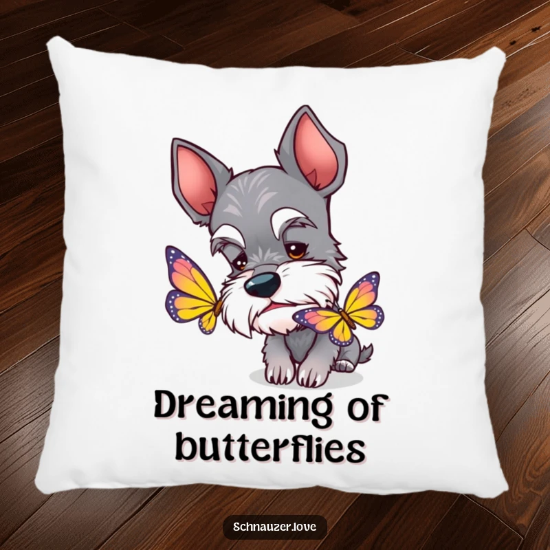 Funny Schnauzer Pillow: A curious schnauzer with perked ears sniffing a colorful butterfly, offering comfort and whimsy.