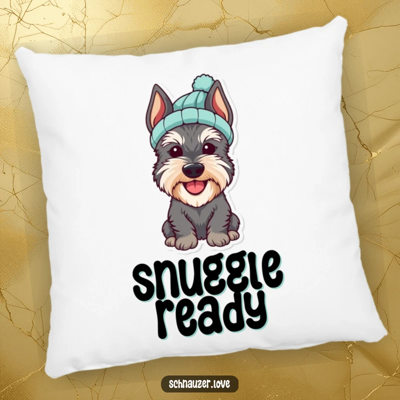 Funny Schnauzer Pillow featuring a cheerful dog wearing a small knitted hat, adding a touch of cozy cuteness.