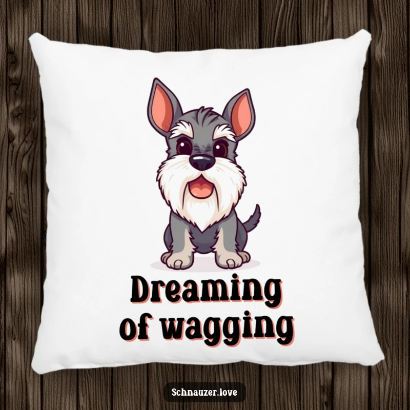 Funny Pillow featuring a stylized schnauzer with a perky beard, its tail wagging in a cheerful, comforting embrace.