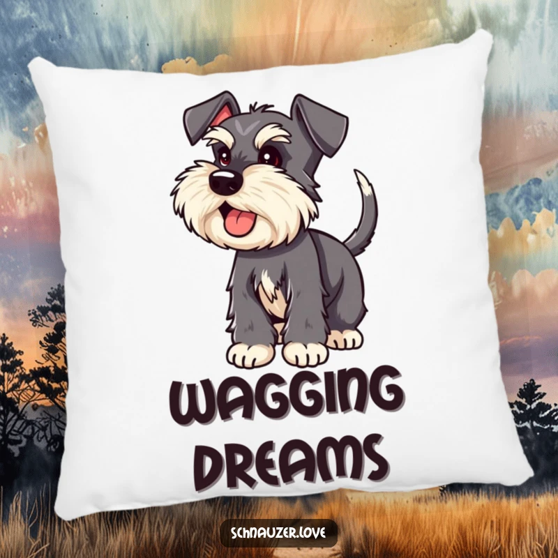 Funny Schnauzer pillow with a schnauzer whose tail is wagging with excitement, a soft humorous gift.
