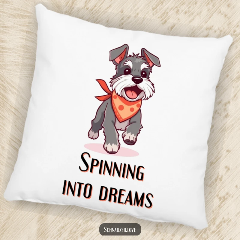 Funny Schnauzer pillow showing a silly dog in a bandana chasing its tail, perfect for adding playful decor.