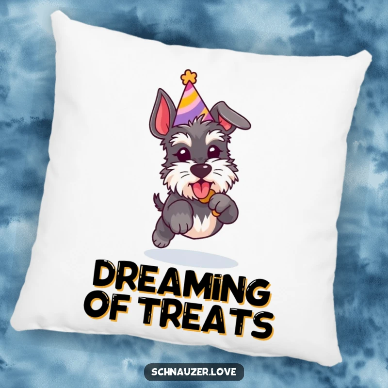Funny Schnauzer pillow showing a dog in a party hat jumping for a treat, perfect for adding playful decor.