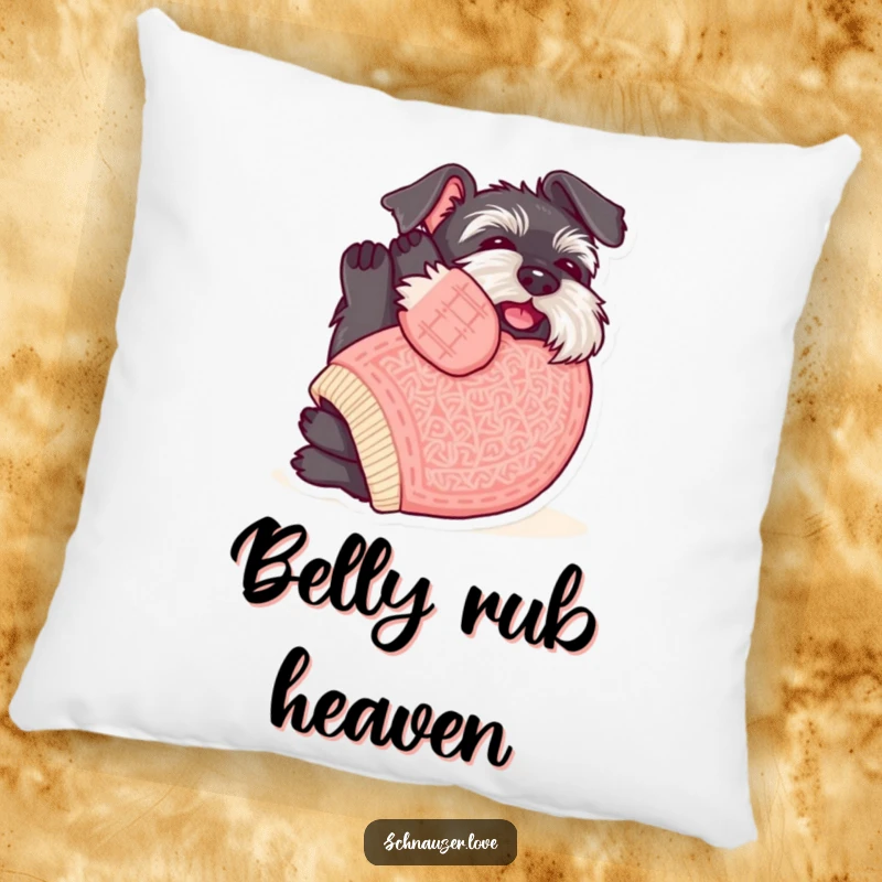 Funny Schnauzer Pillow: Schnauzer in a knitted sweater rolling on its back, humorously requesting belly rubs.