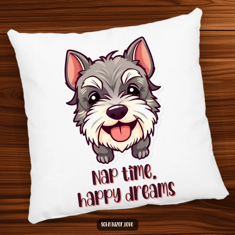Funny Schnauzer Pillow featuring a happy dog with its tongue sticking out, perfect for adding comfort and a cheerful vibe.
