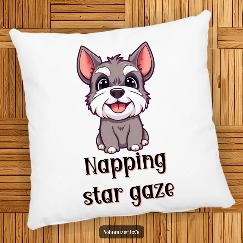 Funny pillow with a happy schnauzer dog looking upwards with a joyful and content expression.
