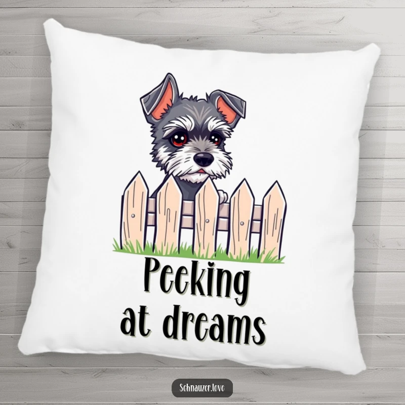 Funny Pillow depicting a small schnauzer with expressive eyes peeking over a tiny fence, adding comfort and charm.