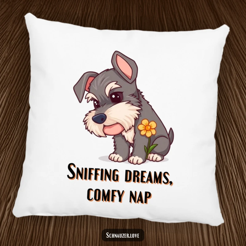 Funny Schnauzer Pillow featuring a curious dog sniffing a flower, offering comfort and a visual representation of gentle exploration.