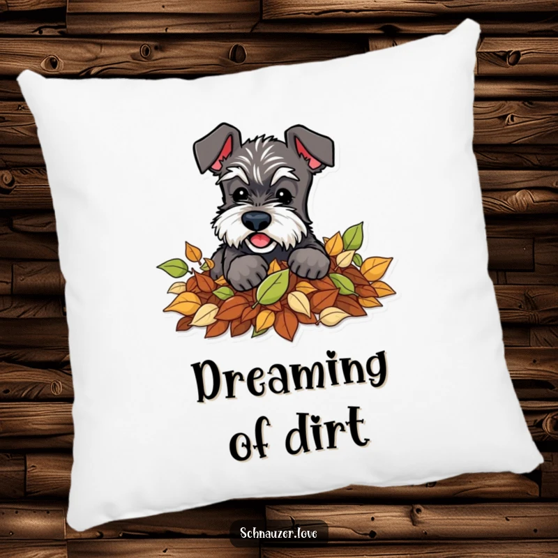 Funny Schnauzer Pillow: A soft pillow showcasing a schnauzer character digging playfully in a vibrant pile of leaves.