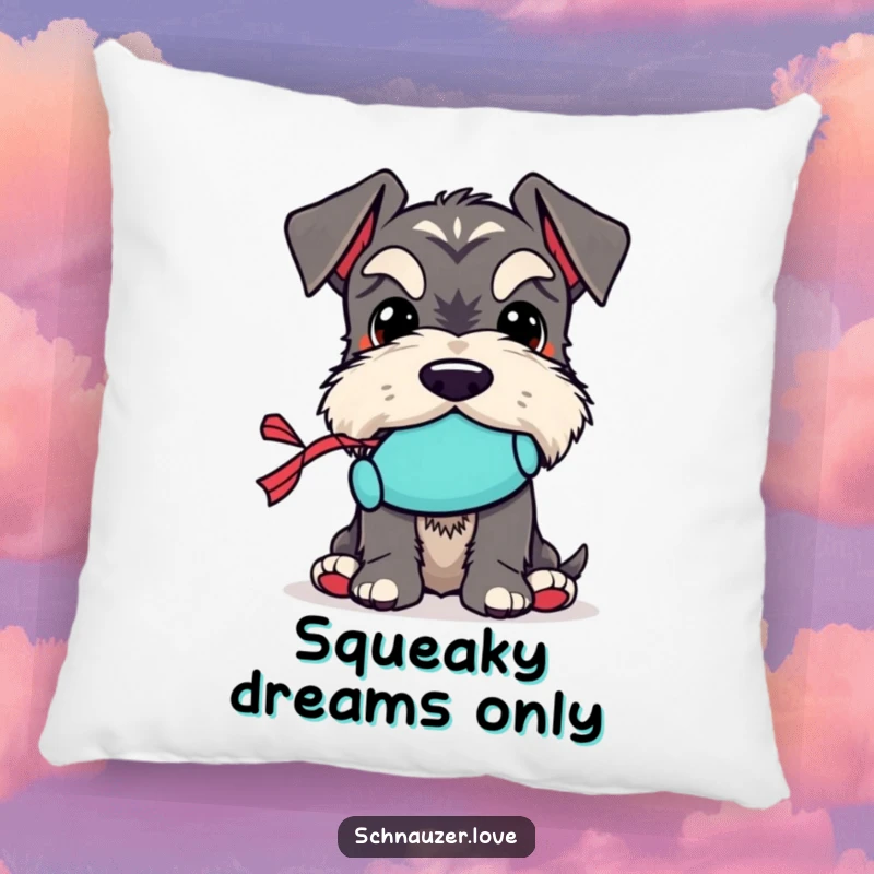 Funny Schnauzer Pillow: A plush pillow featuring a schnauzer character holding a tiny squeaky toy, ideal for comfort.