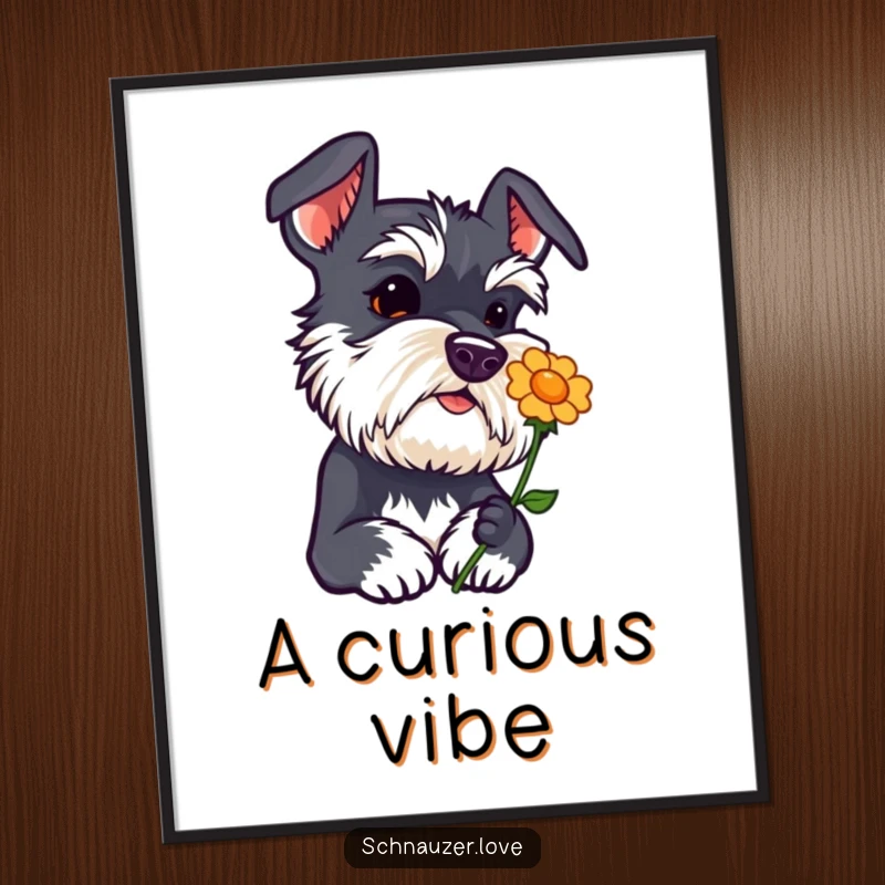 Funny schnauzer digital art print with head tilted curiously sniffing a flower icon, an adorable and inquisitive dog.