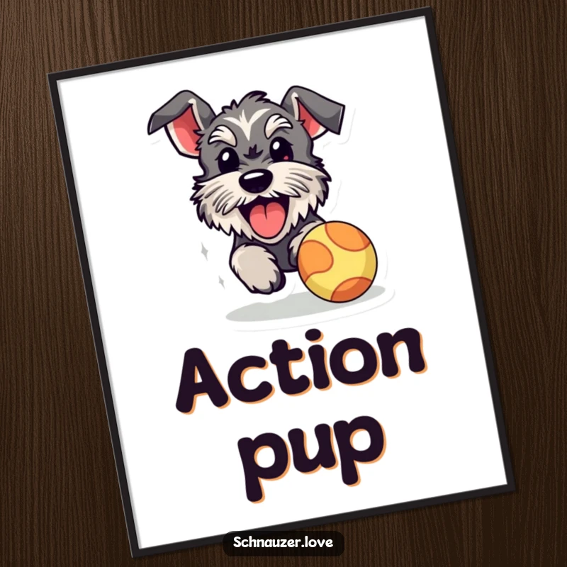 Funny schnauzer digital art print, a high-resolution image of a happy dog with its tongue out, enthusiastically chasing a bouncy ball.