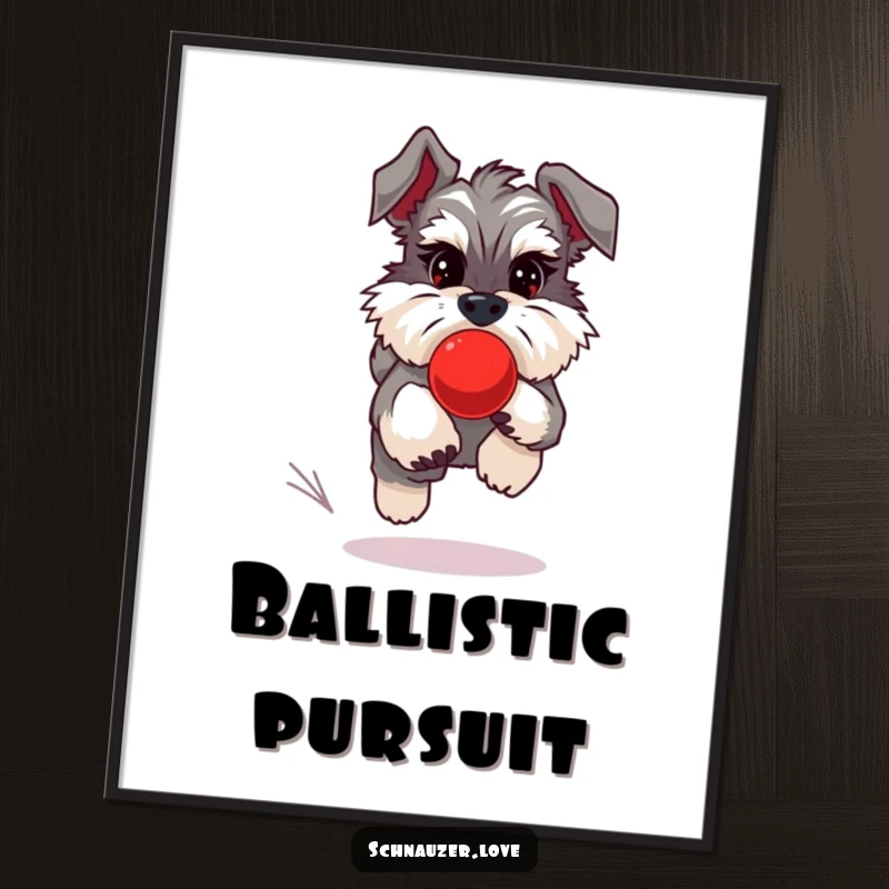 Funny Schnauzer Digital Art Print of a fluffy schnauzer energetically chasing a bouncing red ball, perfect for decor.
