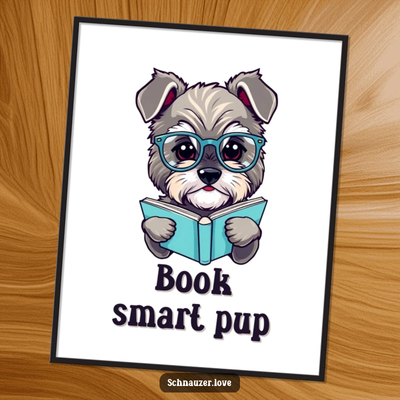 Funny schnauzer digital art print, a high-resolution image of a fluffy dog in tiny spectacles, engrossed in reading a book.