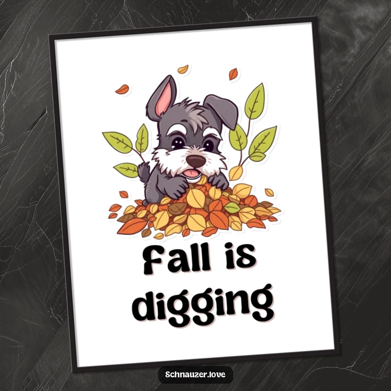 Funny Schnauzer Digital Art Print: Schnauzer character digging in autumn leaves, instant downloadable humorous artwork for fall.