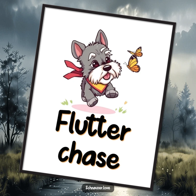 Funny digital art print of a schnauzer in a bandana chasing a butterfly, offering instant canine-themed humor and energy.