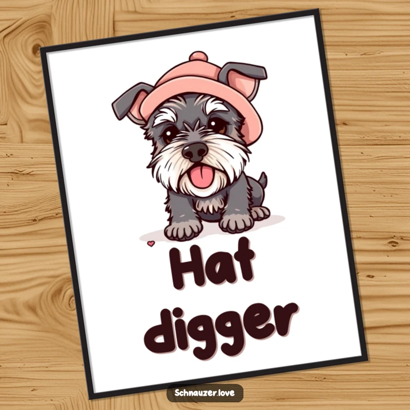 Funny digital art print of a schnauzer in a tiny hat digging enthusiastically, offering instant canine-themed humor and energy.