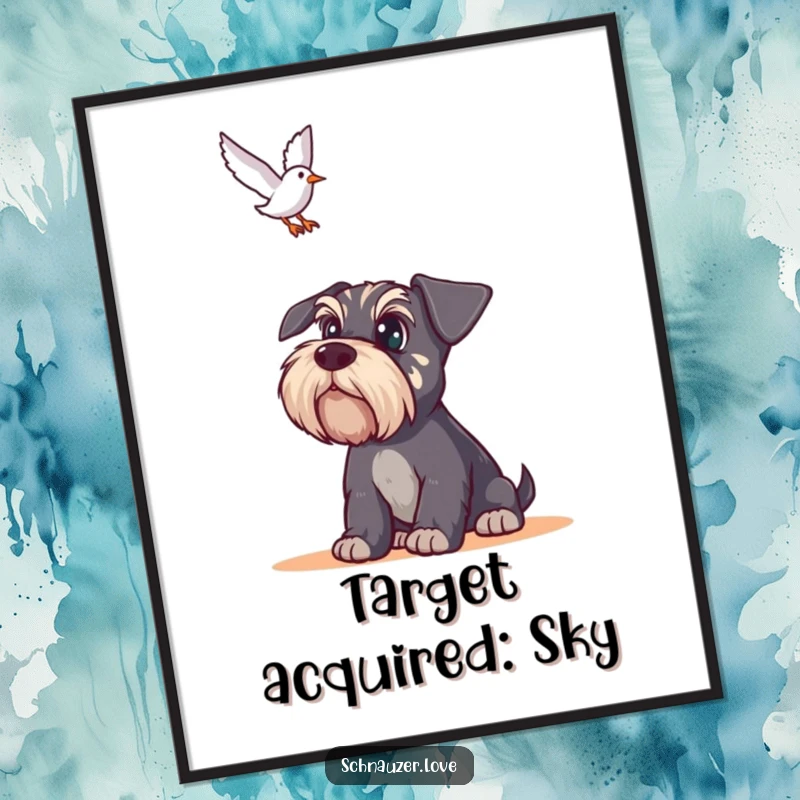 Funny Schnauzer Digital Art Print: A schnauzer with wide, focused eyes watches a bird fly overhead, full of humorous alertness.