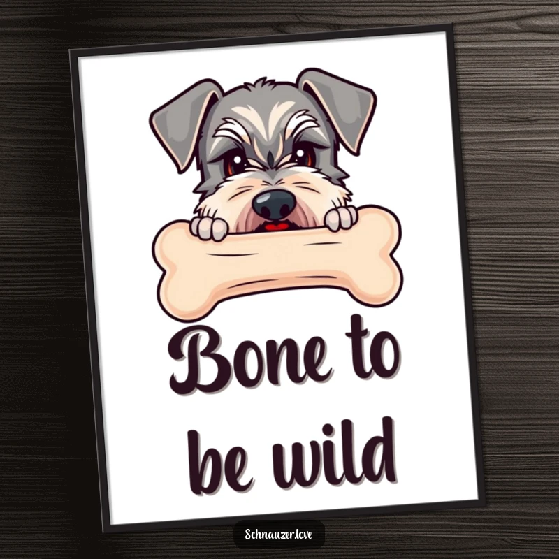 Funny Schnauzer digital art print of a schnauzer peeking over a large bone, a humorous and appealing design.