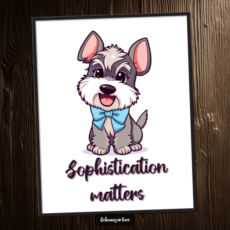 Funny Schnauzer Digital Art Print: Excited schnauzer character in a bow, tail wagging, instant downloadable humorous artwork.