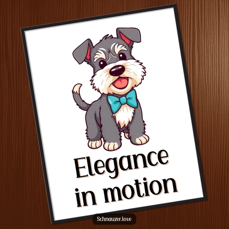 Funny Schnauzer digital art print of a happy dog in a bow tie with a wagging tail, exuding dapper charm.