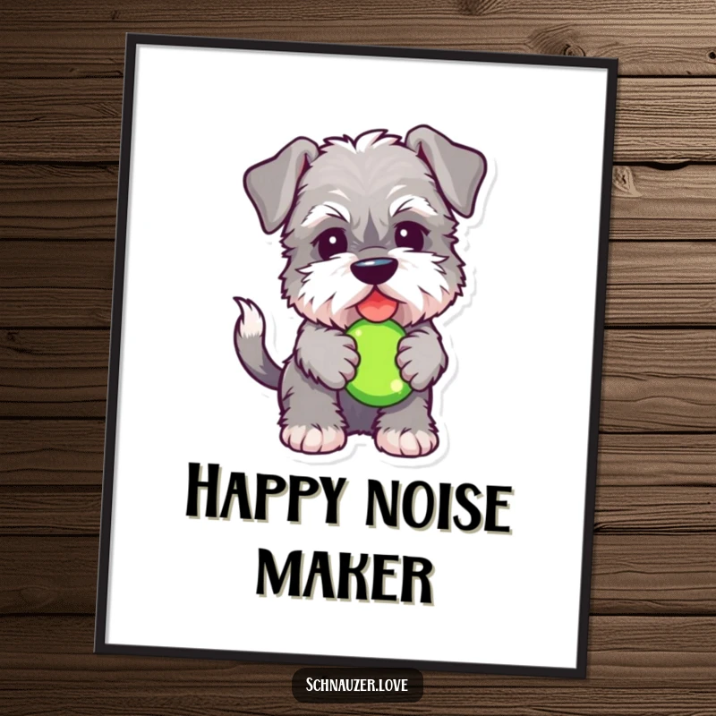 Funny Schnauzer digital art print of a fluffy dog with a squeaky toy, offering instant pet-themed humor and canine cheer for your walls.