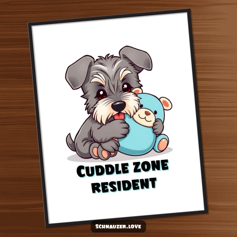 Funny Digital Art Print: A schnauzer with floppy ears happily cuddles a plush toy, bringing warmth and humor to any digital display.