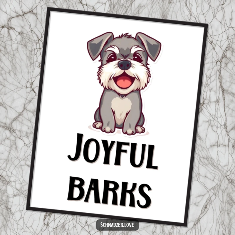 Funny digital art print of a schnauzer with floppy ears barking happily, offering instant canine-themed humor and joy.