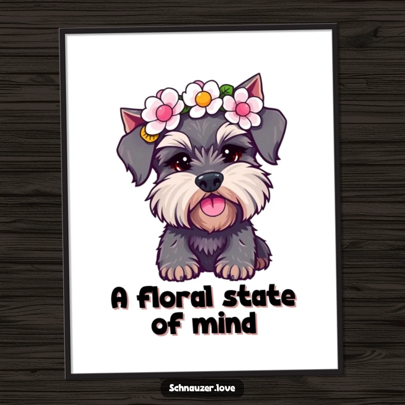 Funny Schnauzer Digital Art Print: A schnauzer wearing a flower crown, shaking its head. Instant humorous wall art for dog lovers.