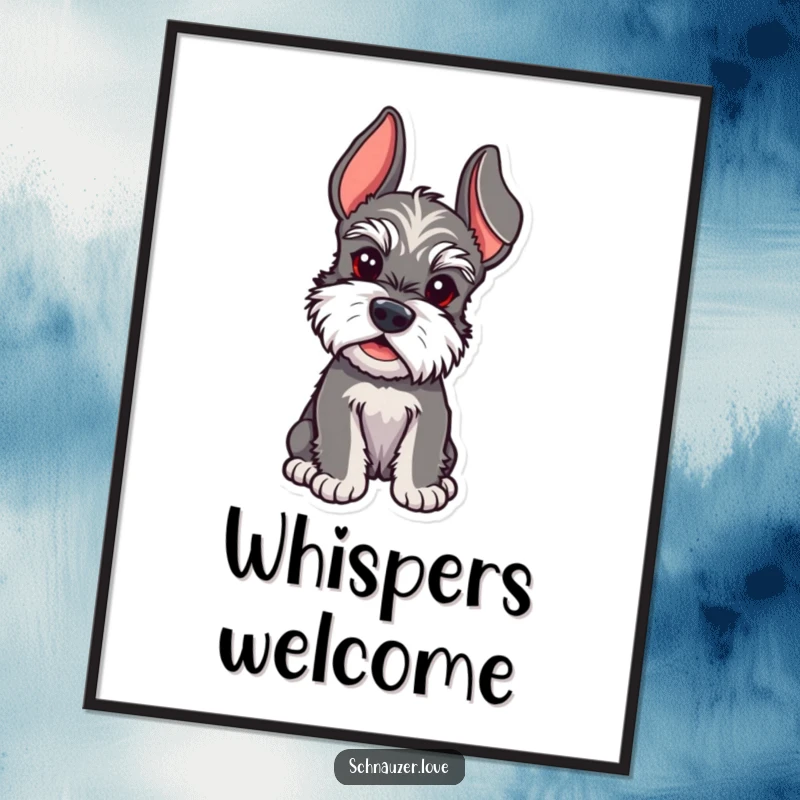 Funny Schnauzer digital art print of a schnauzer with ears perked, listening intently to all sounds.