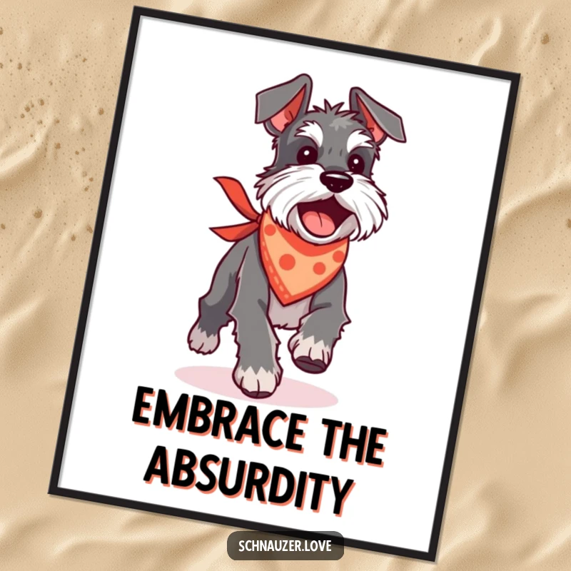 Funny Schnauzer digital art print of a silly dog in a bandana excitedly chasing its tail, full of playful motion.